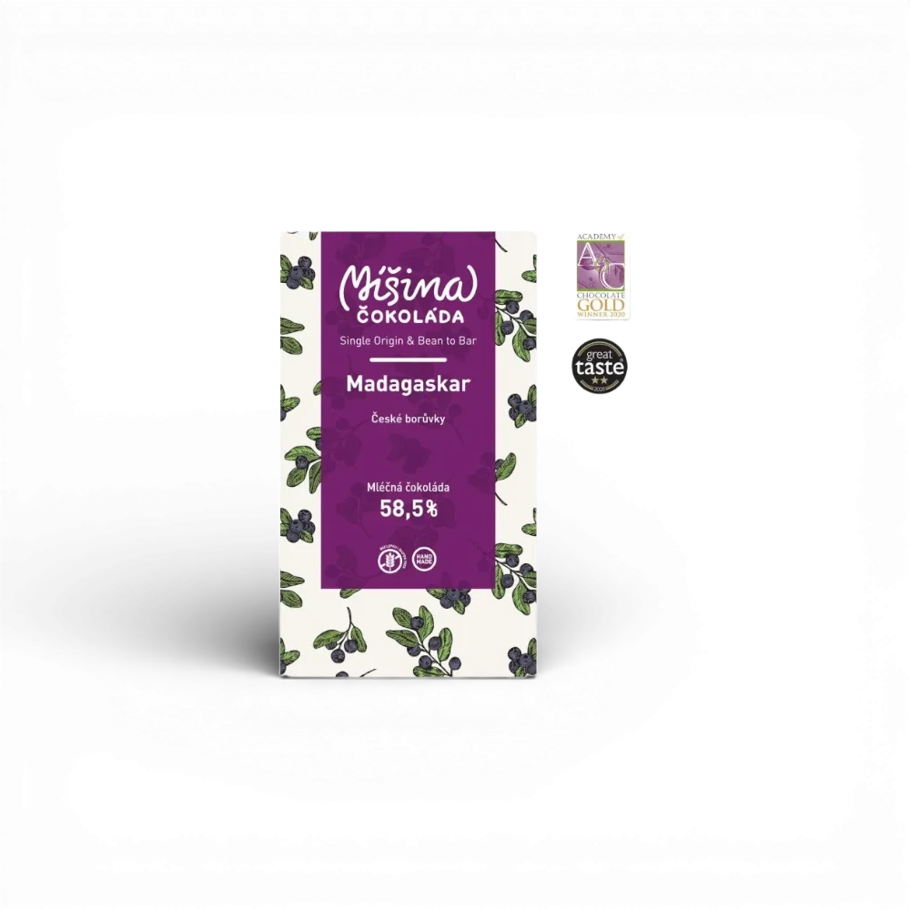 Míšina čokoláda - Mléčná čokoláda 58,5% Madagaskar s českými borůvkami 50g