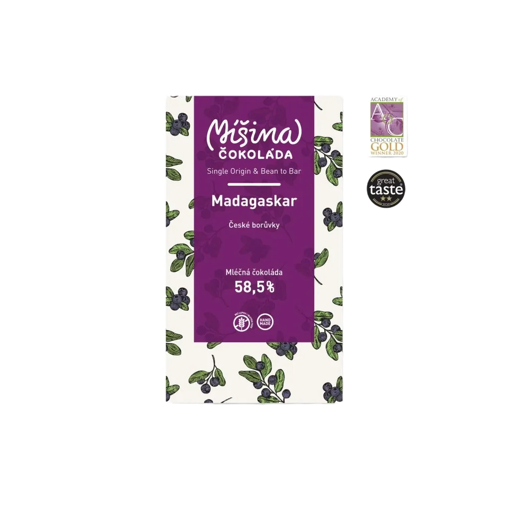 Míšina čokoláda - Mléčná čokoláda 58,5% Madagaskar s českými borůvkami 50g