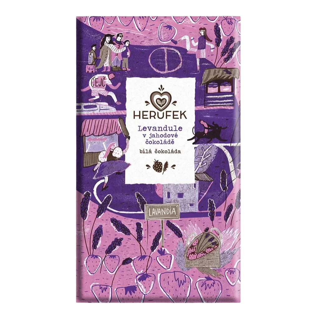 [60] Herůfek - Čokoláda bílá 'Levandule v jahodové čokoládě' 40%  Bio 50g (B)