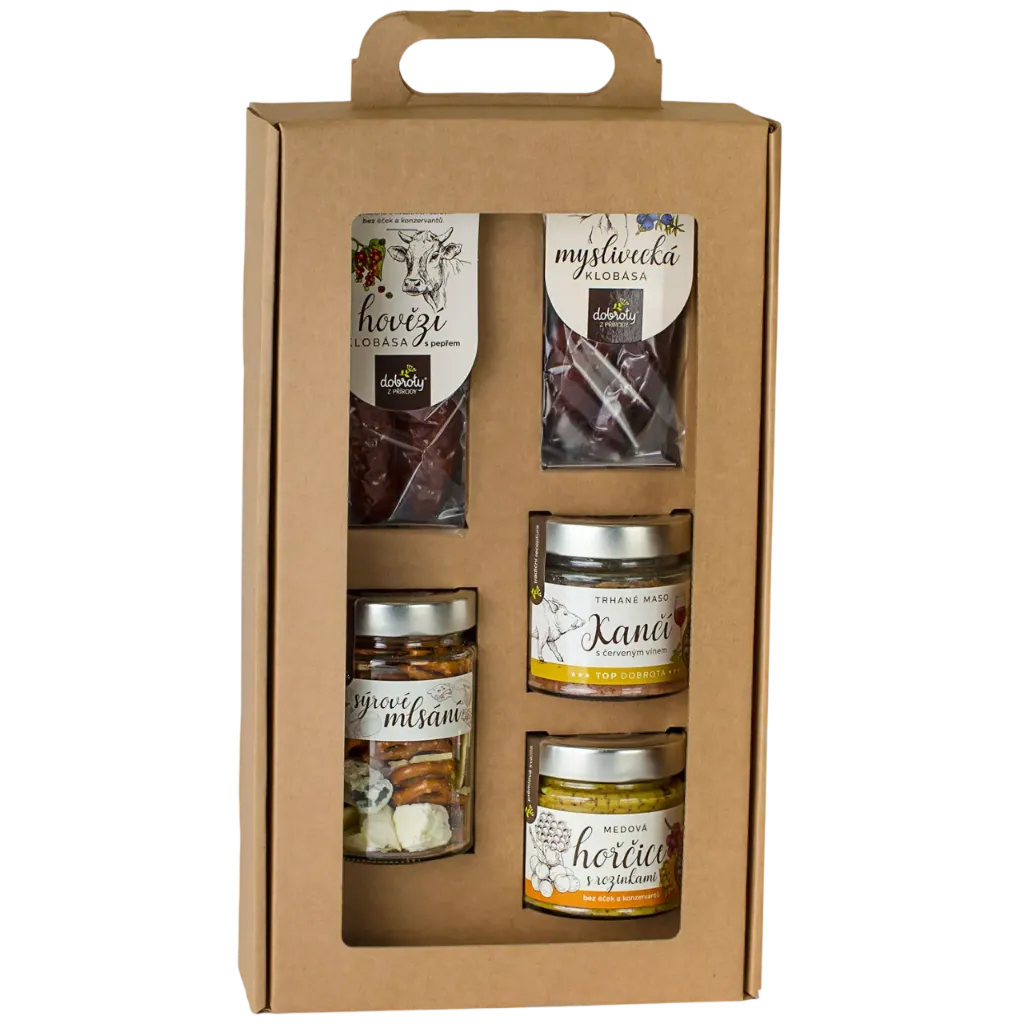 Dobroty z přírody - DB Sýr. mlsání+Klobása hovězí s pepřem+Klobása myslivecká+Hořčice medová s roz.+Trhané maso kančí s čer. vínem 70g/90g/90g/200g/140g