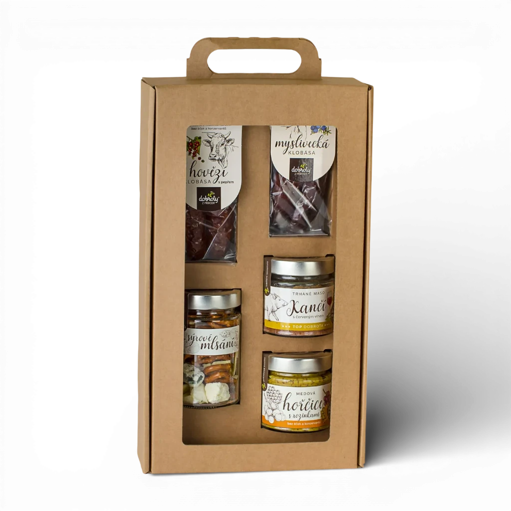 Dobroty z přírody - DB Sýr. mlsání+Klobása hovězí s pepřem+Klobása myslivecká+Hořčice medová s roz.+Trhané maso kančí s čer. vínem 70g/90g/90g/200g/140g
