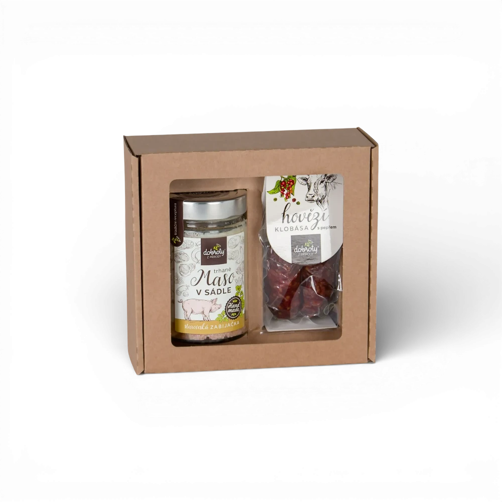 Dobroty z přírody - DB Trhané maso v sádle + Hovězí klobása s pepřem 250g/2ks