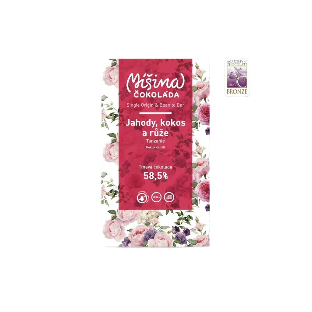 Míšina čokoláda - Tmavá čokoláda 58,5% Tanzanie s jahodami, kokosem a růžemi 50g