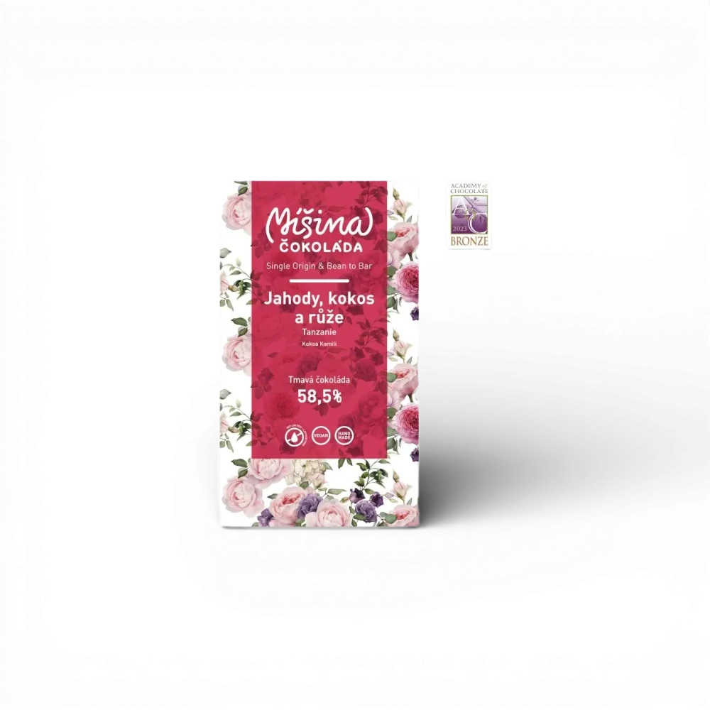 Míšina čokoláda - Tmavá čokoláda 58,5% Tanzanie s jahodami, kokosem a růžemi 50g