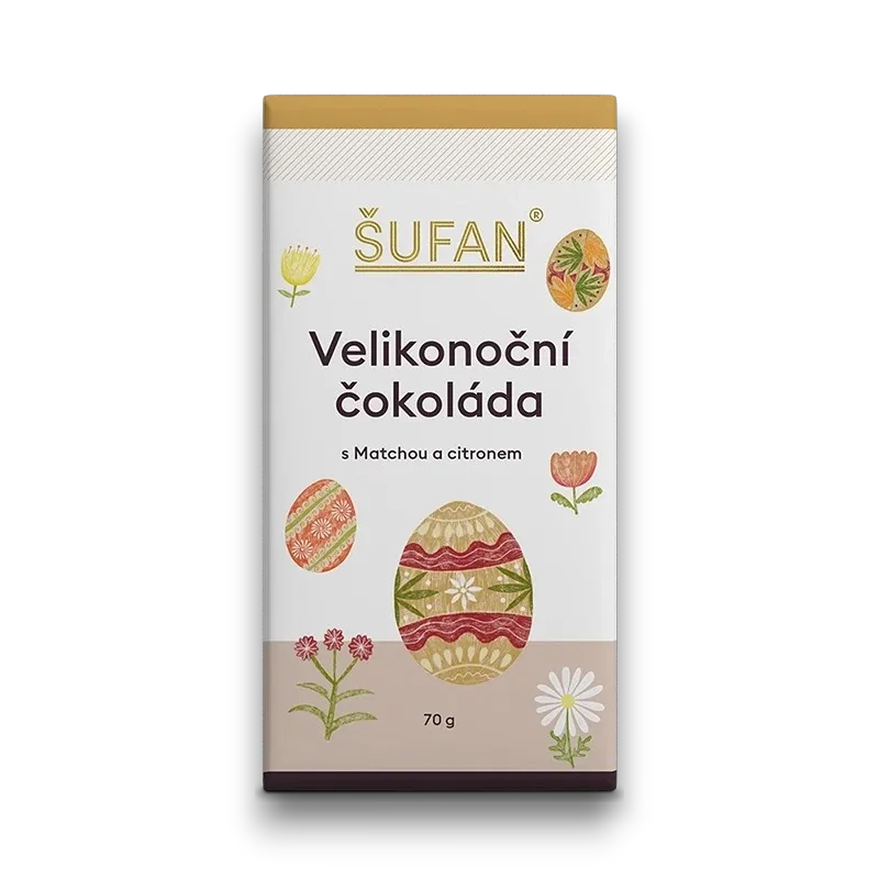 Šufan - Velikonoční čokoláda s matchou a citronem 70g CHYBÍ EAN !!!!